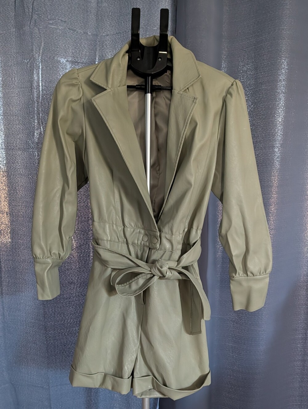 7 For All Mankind Sage Green Faux Leather Tie-Waist Blazer Romper